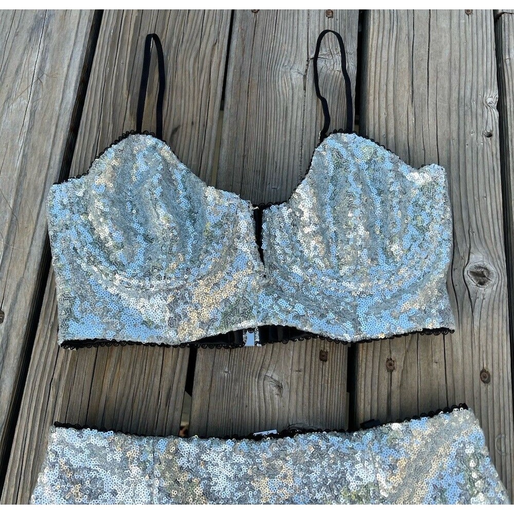 For Love & Lemons Women's L Sequin Underwire Bustier & High Waist Panty Set - Picture 2 of 13
